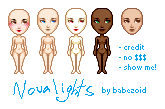 small pixel base with a bit of a bobblehead, she's also a bit curvy, static pose, several different skin tones available